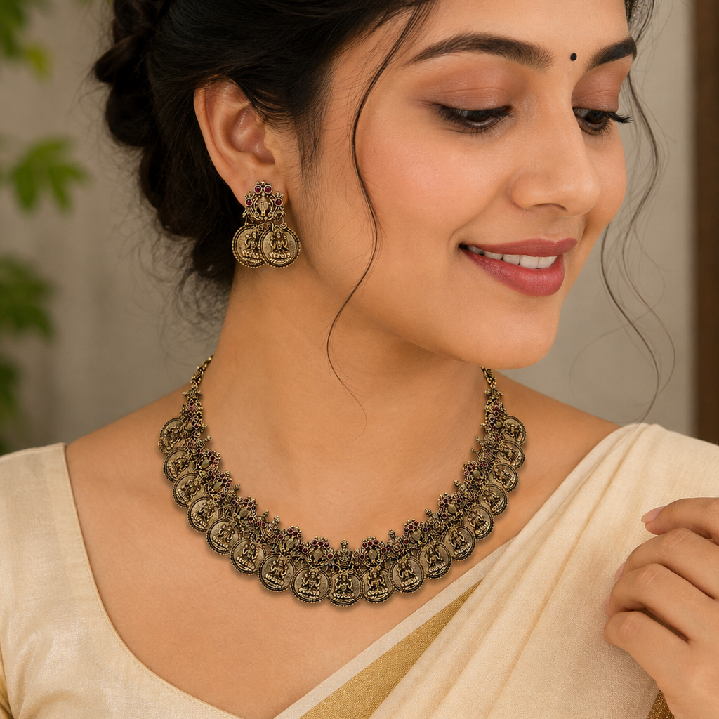 Mehendi Design Chocker Necklace with Matching Earrings – Traditional Temple Jewellery