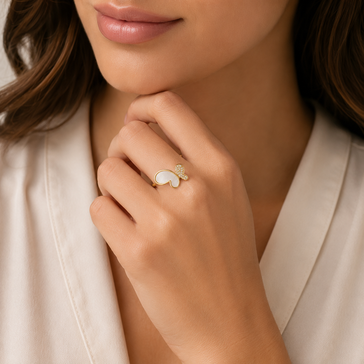 Gold Plated Butterfly Ring | Inlaid Mother of Pearl & Cubic Zirconia Accent