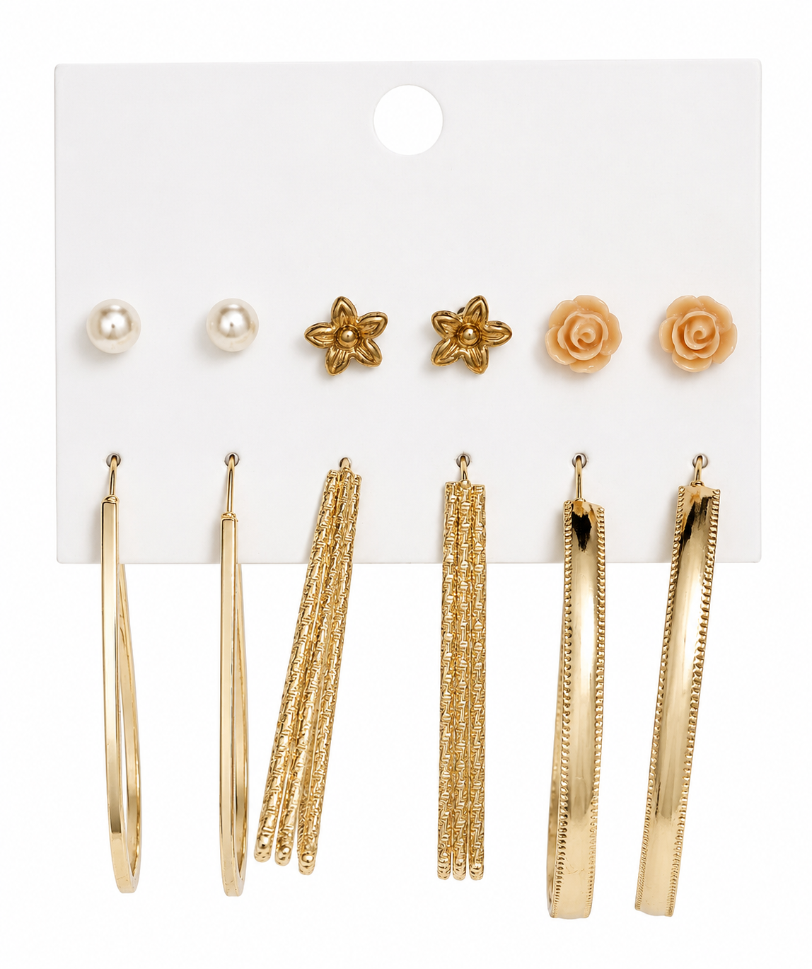 Trendy Gold Hoop & Stud Earrings Combo Set for Women (6 Pairs)