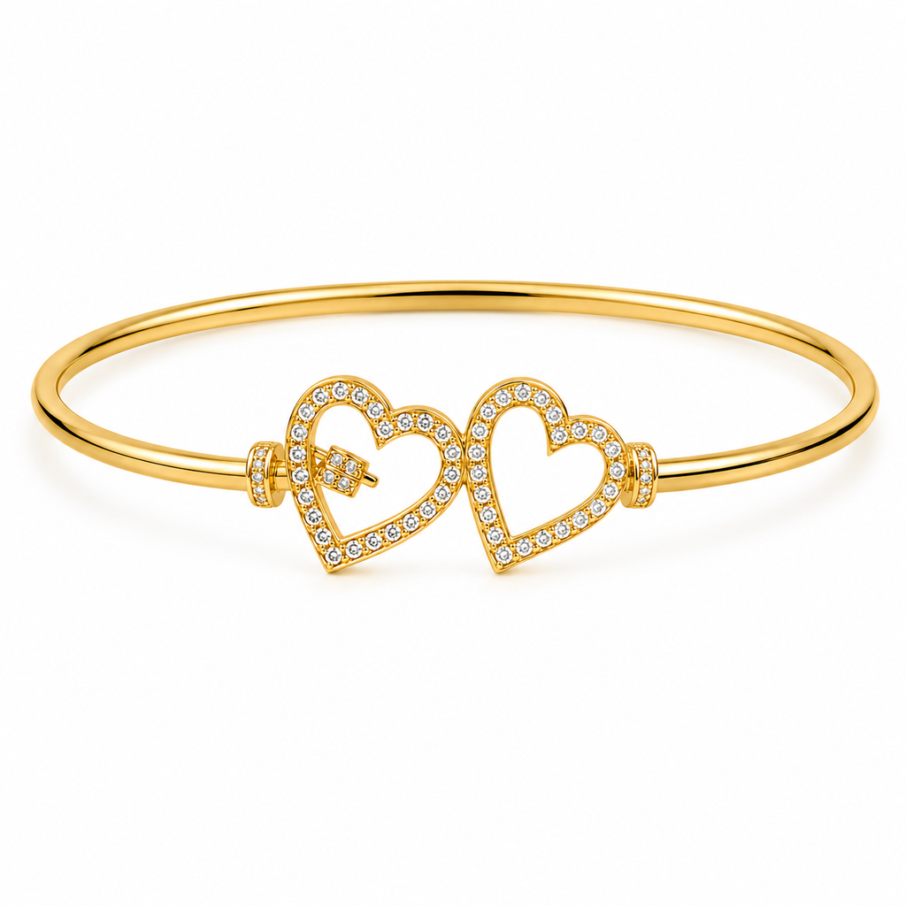 Gold Plated Double Heart Crystal Open Bangle Bracelet for Women