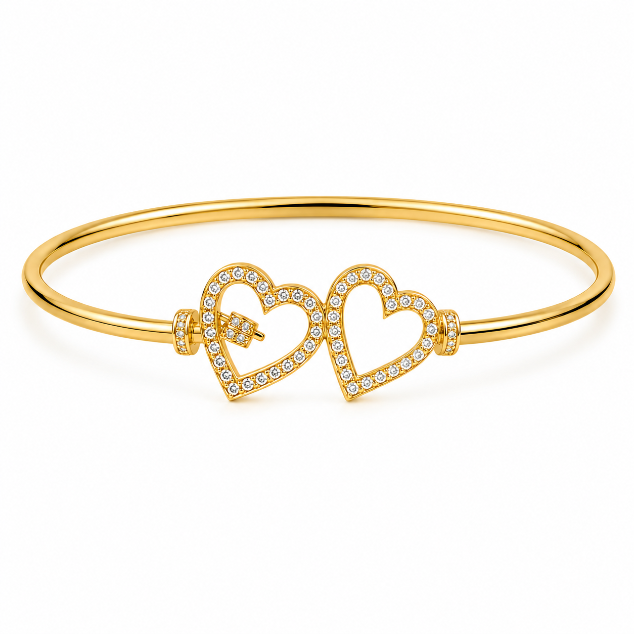 Gold Plated Double Heart Crystal Open Bangle Bracelet for Women