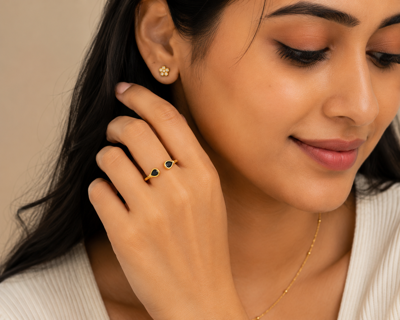 Elegant Black Stone Adjustable Ring for Women