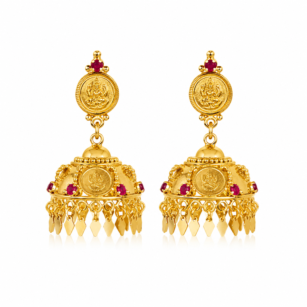 24K Premium Gold Plated Lakshmi Jhumka Earrings | Matching with Elakkathali & Lakshmi Coin Necklace