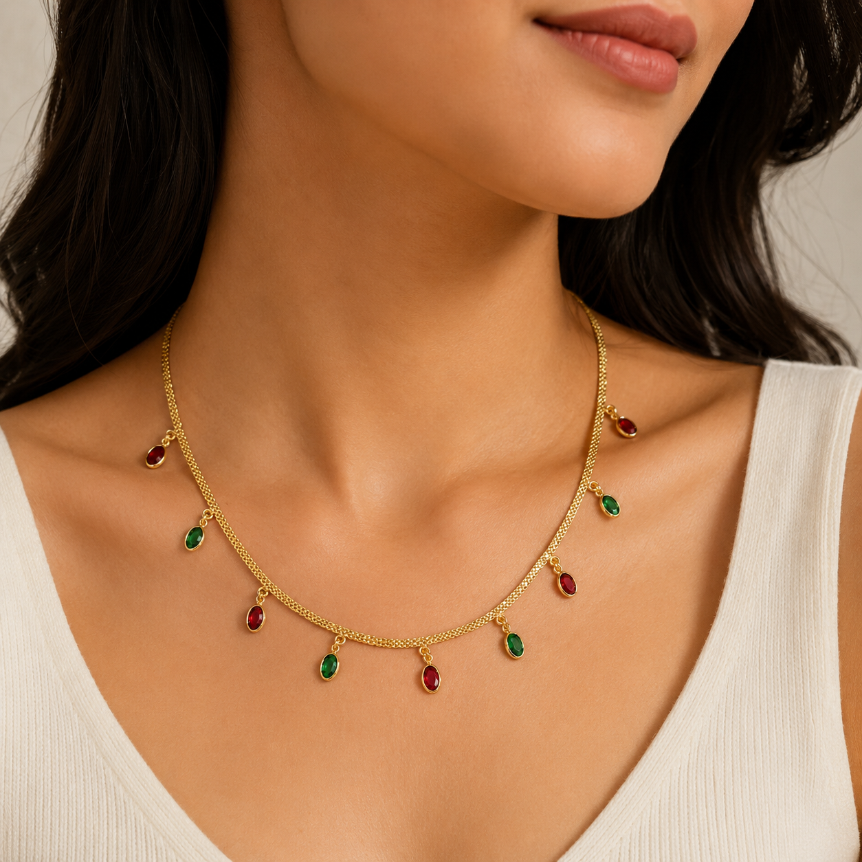 Gold Plated Dangle Necklace | Crimson Red & Emerald Green Oval Charm Station Chain
