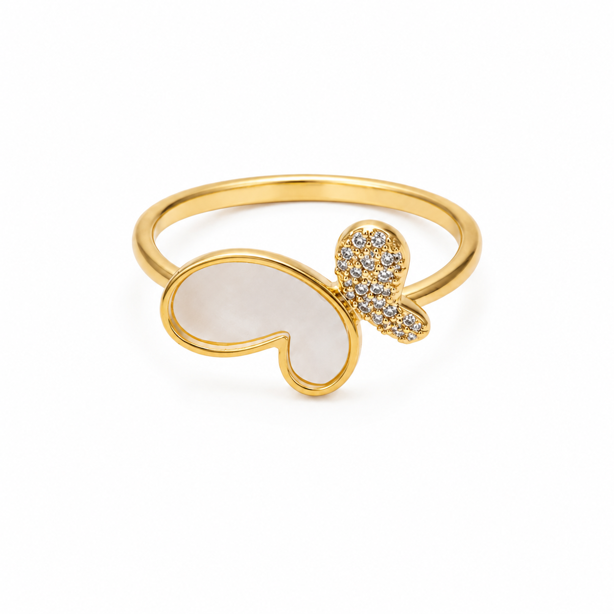 Gold Plated Butterfly Ring | Inlaid Mother of Pearl & Cubic Zirconia Accent