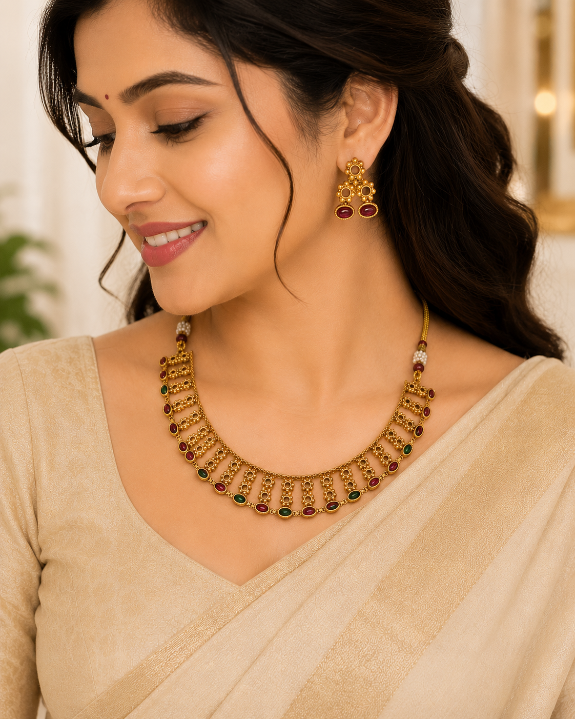 24K Gold Plated Traditional Multicolor Stone Choker Necklace with Matching Earrings