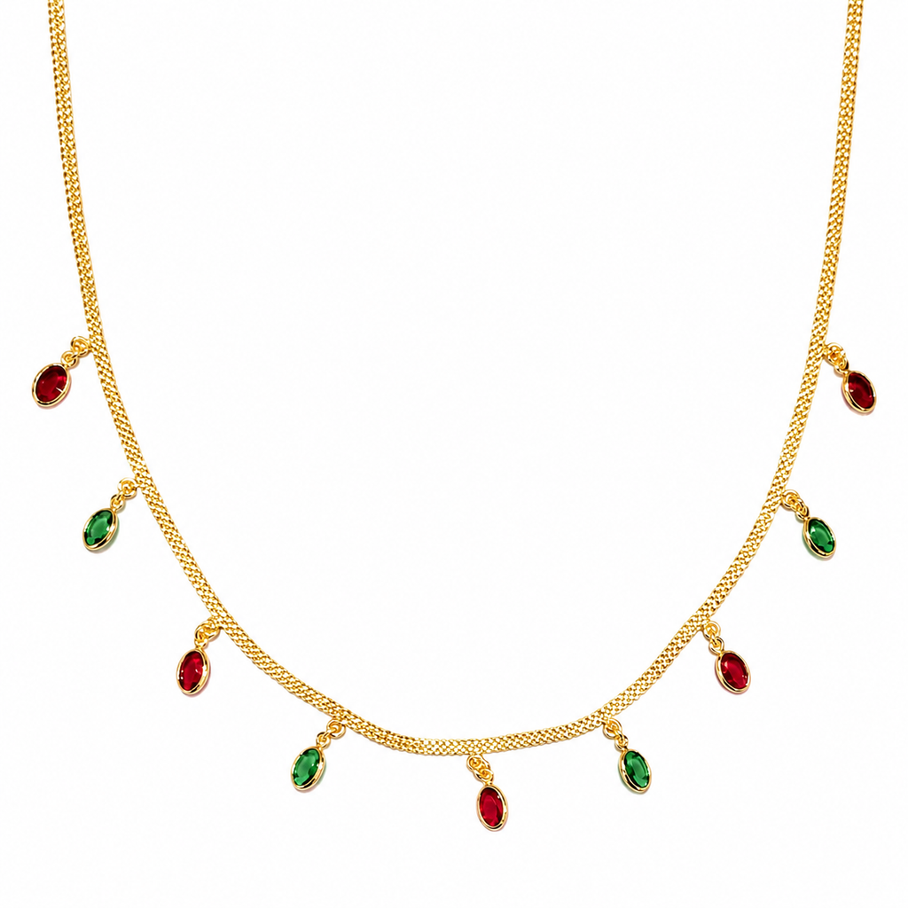 Gold Plated Dangle Necklace | Crimson Red & Emerald Green Oval Charm Station Chain